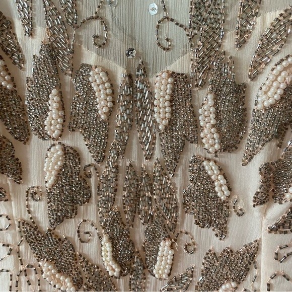 Vintage 70s Beaded Embroidered Sheer Long Sleeve Open Back Cocktail Party Dress - Picture 7 of 17